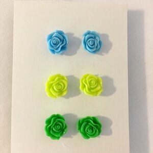 Rose Earrings Pierced Cabochon Resin 3 Pairs